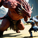 **

A skilled ArcheAge player, equipped with powerful gear (sword, armor), fiercely battling a challenging monster in a visually stunning game environment. Dynamic action scene showcasing attack skills and combat prowess.

**