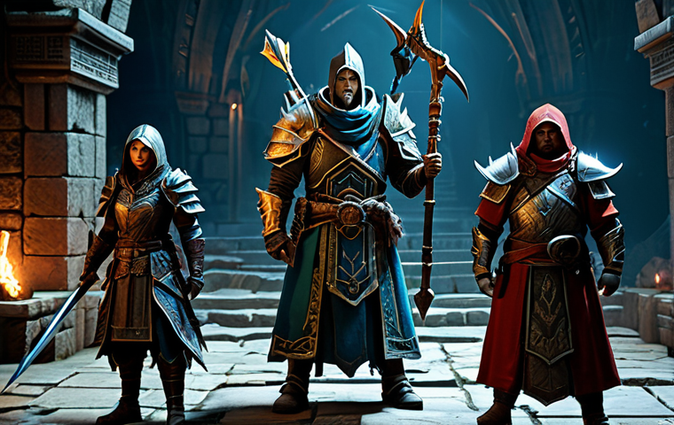 A professional, diverse team of four fantasy adventurers, reminiscent of ArcheAge character classes, demonstrating synchronized teamwork in a perilous, high-tier dungeon. One armored warrior acts as a tank, holding the line; a mage prepares a spell, a ranger aims an arrow, and a healer casts a supportive ability from behind. All characters are fully clothed in detailed, modest, and appropriate heavy armor, robes, and combat attire. The dungeon environment is ancient and atmospheric, with intricate stonework, mystical glowing runes, and subtle lighting from magical sources. The scene emphasizes strategic coordination and mutual support. Professional photography, sharp focus, vibrant colors, epic fantasy art style, perfect anatomy, correct proportions, natural poses, well-formed hands, proper finger count, natural body proportions, safe for work, appropriate content, family-friendly.