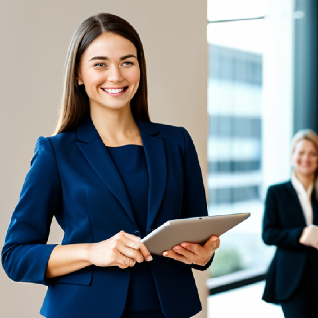 **
A professional businesswoman in a modest navy blue business suit, standing confidently in a modern, sunlit office lobby. She is holding a tablet, smiling slightly, fully clothed, appropriate attire, safe for work, perfect anatomy, natural proportions, professional photography, high quality. Background includes blurred office workers and contemporary art. Family-friendly, modest clothing.
**