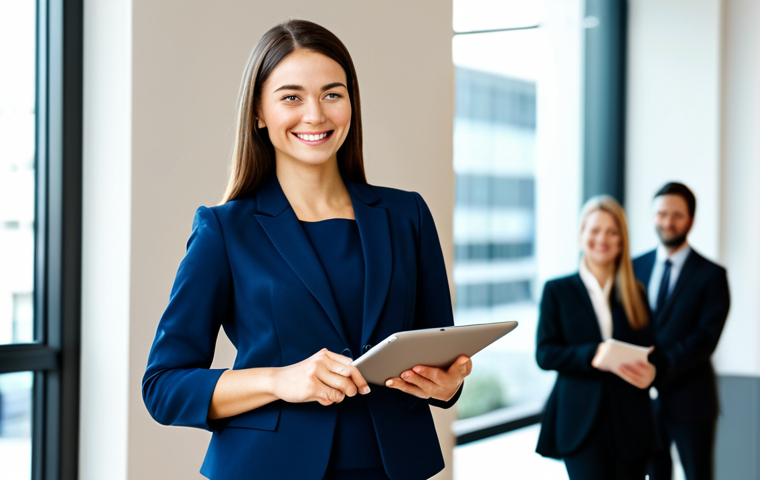 **
A professional businesswoman in a modest navy blue business suit, standing confidently in a modern, sunlit office lobby. She is holding a tablet, smiling slightly, fully clothed, appropriate attire, safe for work, perfect anatomy, natural proportions, professional photography, high quality. Background includes blurred office workers and contemporary art. Family-friendly, modest clothing.
**