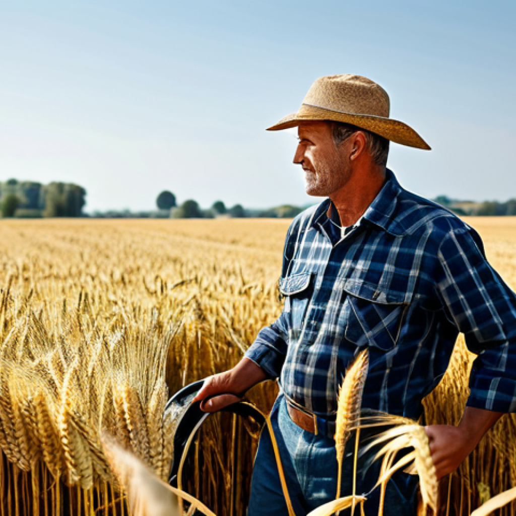"A professional farmer in a modest farming outfit, harvesting wheat in a sunny field, fully clothed, appropriate attire, safe for work, perfect anatomy, natural proportions, professional photography, high quality."