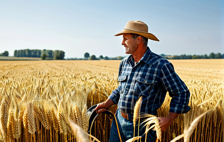 "A professional farmer in a modest farming outfit, harvesting wheat in a sunny field, fully clothed, appropriate attire, safe for work, perfect anatomy, natural proportions, professional photography, high quality."