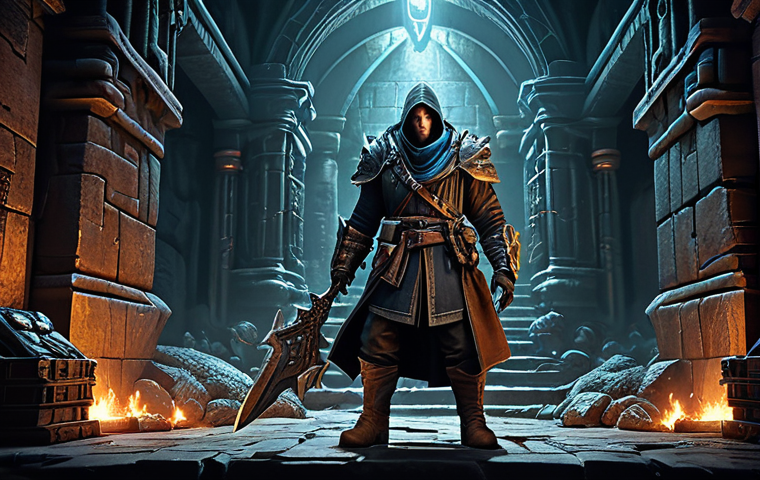 아키에이지 카오스 던전 특징 - **
"A determined gamer, fully clothed in casual attire, navigating a complex dungeon filled with mo...