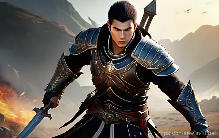 아키에이지 캐릭터 스탯 최적화 - **A dynamic ArcheAge Darkrunner in mid-combat.** The character is a strong, agile male, clad in slee...