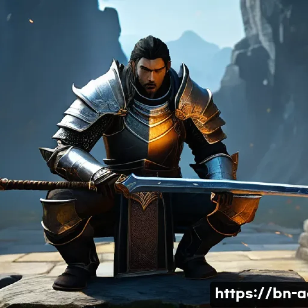 아키에이지 상위 장비 강화 실패 확률 - A fantasy warrior, fully clothed in worn leather and steel armor, stands hunched over a smoking, sha...