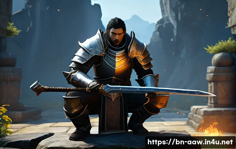 아키에이지 상위 장비 강화 실패 확률 - A fantasy warrior, fully clothed in worn leather and steel armor, stands hunched over a smoking, sha...